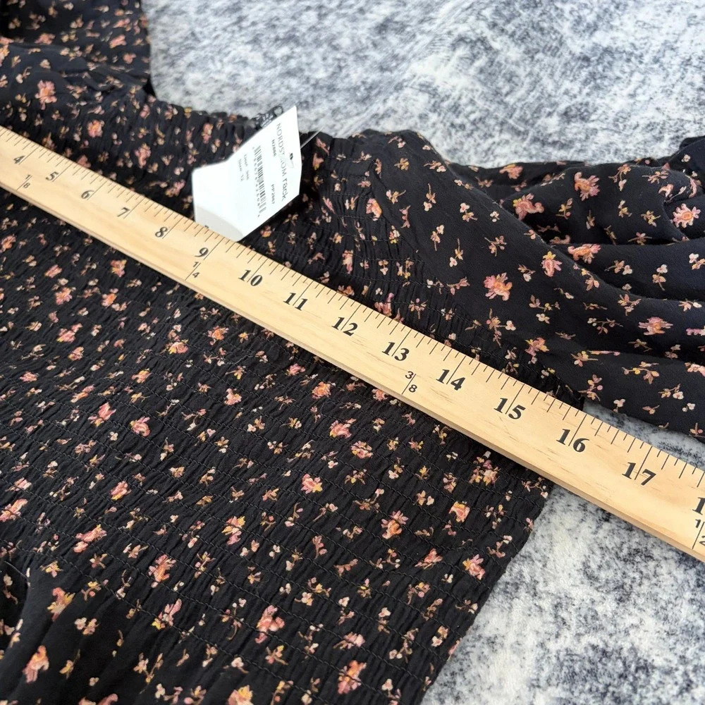 Madewell Smocked Floral Puff Sleeve Blouse 12 Black Womens NWT Boho Square Neck